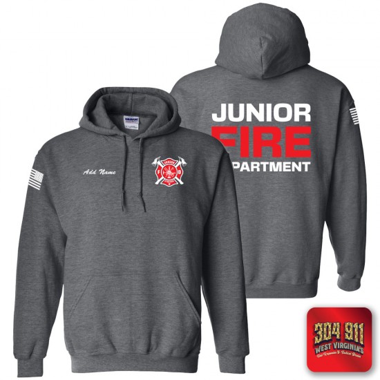 "JUNIOR VOLUNTEER FIRE DEPARTMENT" DARK HEATHER GILDAN WORK HOODIE