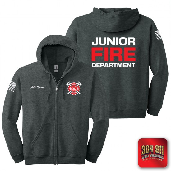 "JUNIOR VOLUNTEER FIRE DEPARTMENT" DARK HEATHER GILDAN Heavy Blend™ Full-Zip Hooded Sweatshirt