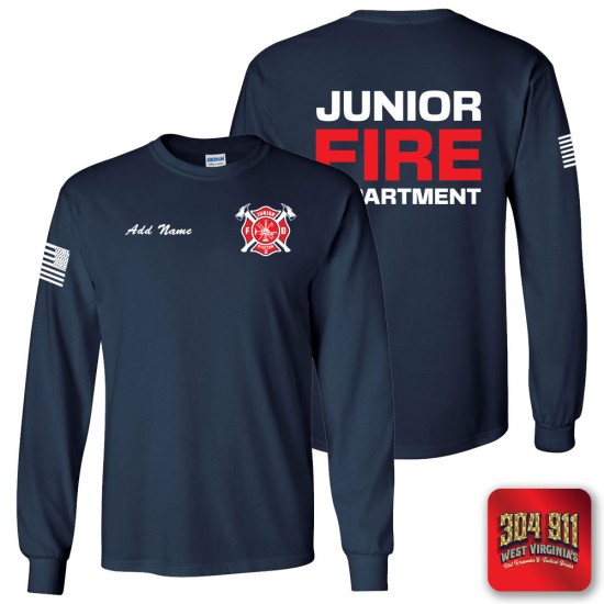 "JUNIOR VOLUNTEER FIRE DEPARTMENT" NAVY SCREEN PRINTED LONG SLEEVE WORK T-SHIRT