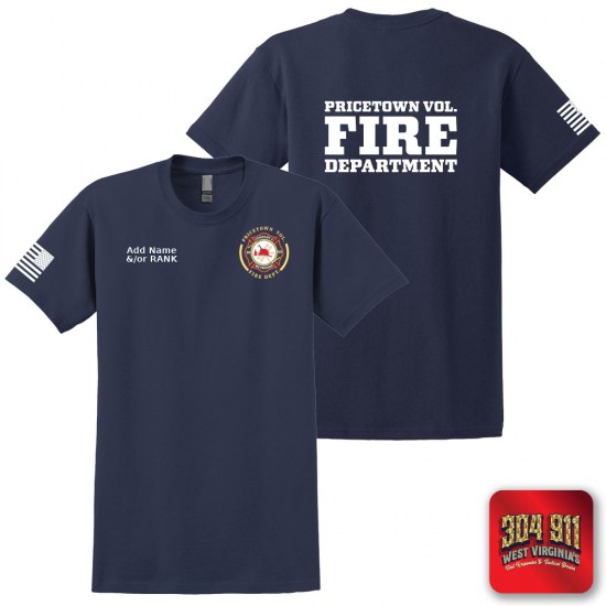 "PRICETOWN VOLUNTEER FIRE DEPARTMENT" SCREEN PRINT ON NAVY WORK T-SHIRT
