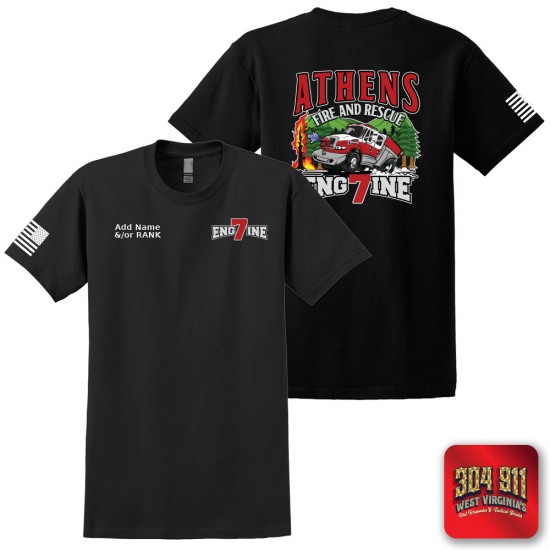 "ATHENS FIRE DEPARTMENT - ENGINE-7" CHARCOAL SCREEN PRINTED WORK T-SHIRT