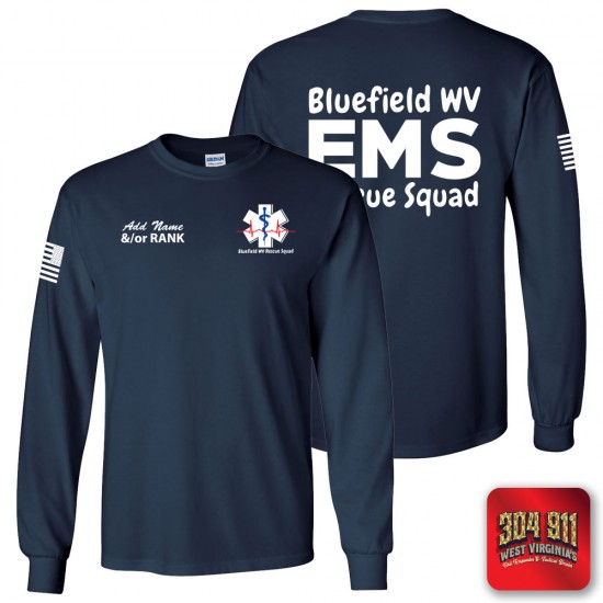 "BLUEFIELD WV RESCUE SQUAD" NAVY SCREEN PRINTED LONG SLEEVE WORK T-SHIRT