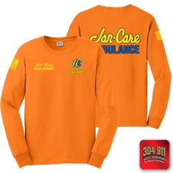 "JAN-CARE AMBULANCE" SCREEN PRINT ON SAFETY ORANGE SCREEN PRINTED LONG SLEEVE WORK T-SHIRT