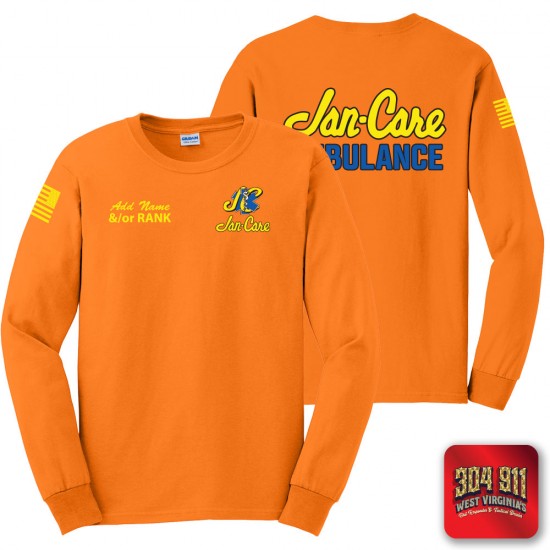 "JAN-CARE AMBULANCE" SCREEN PRINT ON SAFETY ORANGE SCREEN PRINTED LONG SLEEVE WORK T-SHIRT