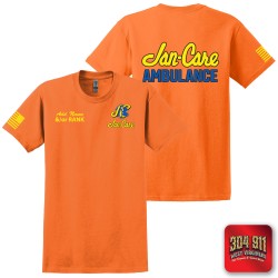"JAN-CARE AMBULANCE" SCREEN PRINT ON SAFETY ORANGE WORK T-SHIRT