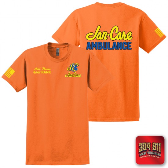 "JAN-CARE AMBULANCE" SCREEN PRINT ON SAFETY ORANGE WORK T-SHIRT
