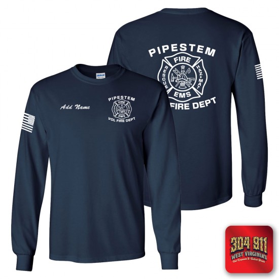 "PIPESTEM VOL FIRE DEPARTMENT" NAVY SCREEN PRINTED LONG SLEEVE WORK T-SHIRT
