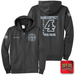"BANKS DISTRICT FIRE DEPT" REFLECTIVE PRINT ON CHARCOAL Port & Company® Essential Fleece Full-Zip Hooded Sweatshirt
