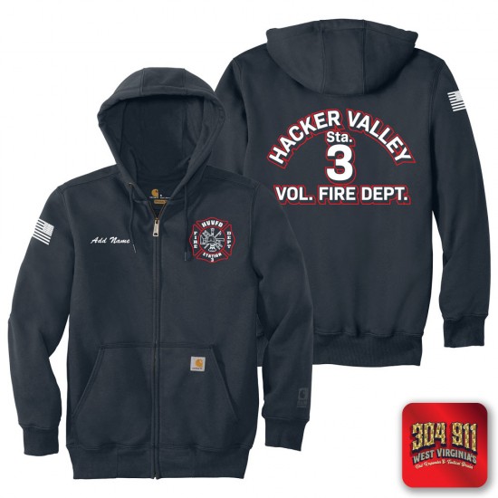 "HACKER VALLEY FIRE DEPARTMENT" NAVY Carhartt ® Rain Defender ® Paxton Heavyweight Hooded Zip Mock Sweatshirt