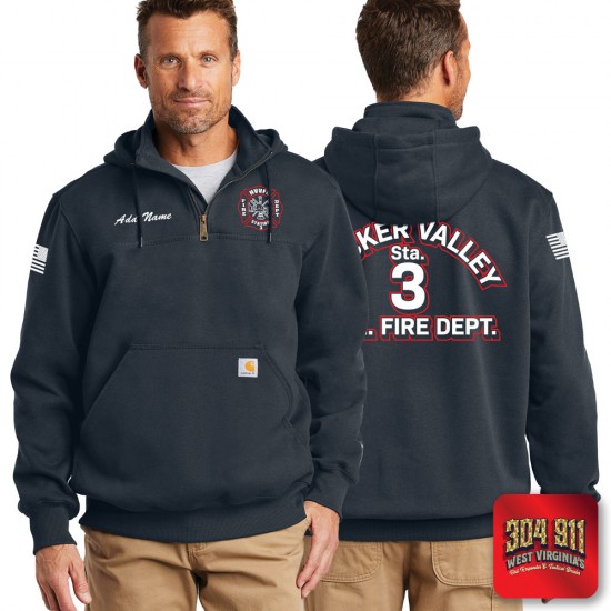 "HACKER VALLEY FIRE DEPARTMENT" NEW NAVY Carhartt ® Rain Defender ® Paxton Heavyweight Hooded Zip Mock Sweatshirt (WATER-REPELLENT)
