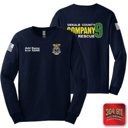 "DEKALB COUNTY FIRE RESCUE STATION 9" SCREEN PRINT ON NAVY SCREEN PRINTED LONG SLEEVE WORK T-SHIRT