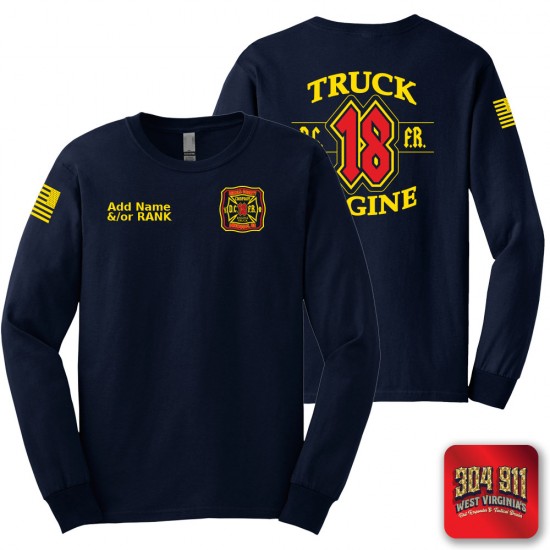 "DEKALB COUNTY FIRE STATION 18" SCREEN PRINT ON NAVY SCREEN PRINTED LONG SLEEVE WORK T-SHIRT