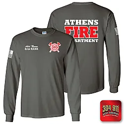 "ATHENS FIRE DEPARTMENT" CHARCOAL SCREEN PRINTED LONG SLEEVE WORK T-SHIRT