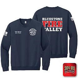 "BLUESTONE VALLEY VOL FIRE DEPT" SCREEN PRINT ON NAVY JERZEES WORK SWEATSHIRT