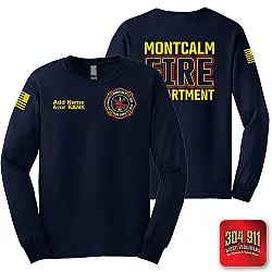 "MONTCALM FIRE DEPARTMENT" SCREEN PRINT ON NAVY SCREEN PRINTED LONG SLEEVE WORK T-SHIRT