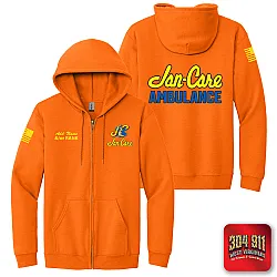 "JAN-CARE AMBULANCE" SCREEN PRINT ON SAFETY ORANGE JERZEES® - NuBlend® Full-Zip Hooded Sweatshirt
