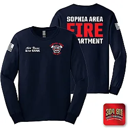 "SOPHIA AREA FIRE DEPARTMENT" SCREEN PRINT ON NAVY SCREEN PRINTED LONG SLEEVE WORK T-SHIRT