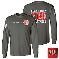 "BANKS DISTRICT FIRE DEPT" SCREEN PRINT ON CHARCOAL SCREEN PRINTED LONG SLEEVE WORK T-SHIRT