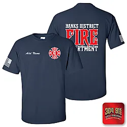 "BANKS DISTRICT FIRE DEPT" SCREEN PRINT ON NAVY WORK T-SHIRT