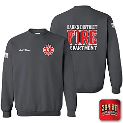 "BANKS DISTRICT FIRE DEPT" SCREEN PRINT ON CHARCOAL JERZEES WORK SWEATSHIRT