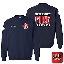 "BANKS DISTRICT FIRE DEPT" SCREEN PRINT ON NAVY JERZEES WORK SWEATSHIRT