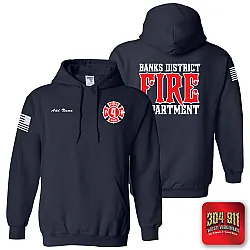 "BANKS DISTRICT FIRE DEPT" SCREEN PRINT ON NAVY JERZEES® - NuBlend® Pullover Hooded Sweatshirt