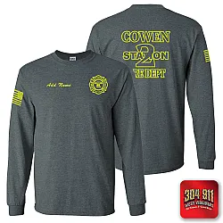 "COWEN FIRE DEPARTMENT" DARK HEATHER SCREEN PRINTED LONG SLEEVE WORK T-SHIRT