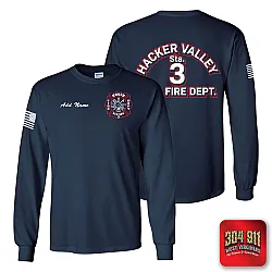 "HACKER VALLEY FIRE DEPARTMENT" NAVY SCREEN PRINTED LONG SLEEVE WORK T-SHIRT