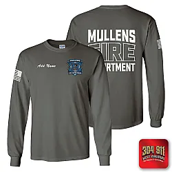"MULLENS FIRE DEPARTMENT" CHARCOAL SCREEN PRINTED LONG SLEEVE WORK T-SHIRT