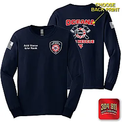 "OCEANA FIRE RESCUE" SCREEN PRINT ON NAVY SCREEN PRINTED LONG SLEEVE WORK T-SHIRT