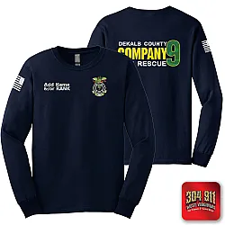 "DEKALB COUNTY FIRE RESCUE STATION 9" SCREEN PRINT ON NAVY SCREEN PRINTED LONG SLEEVE WORK T-SHIRT