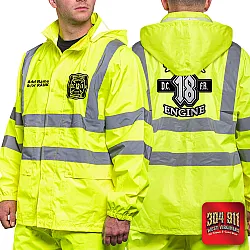 "DEKALB COUNTY FIRE STATION 18" GAME - The Econo HiVos Rain Jacket (NEON LIME)