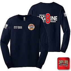 "DEKALB COUNTY STATION 8" SCREEN PRINT ON NAVY SCREEN PRINTED LONG SLEEVE WORK T-SHIRT