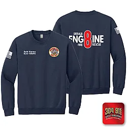 "DEKALB COUNTY STATION 8" SCREEN PRINT ON NAVY JERZEES WORK SWEATSHIRT