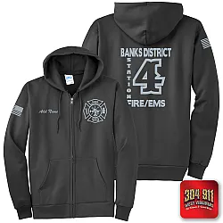 "BANKS DISTRICT FIRE DEPT" REFLECTIVE PRINT ON CHARCOAL Port & Company® Essential Fleece Full-Zip Hooded Sweatshirt
