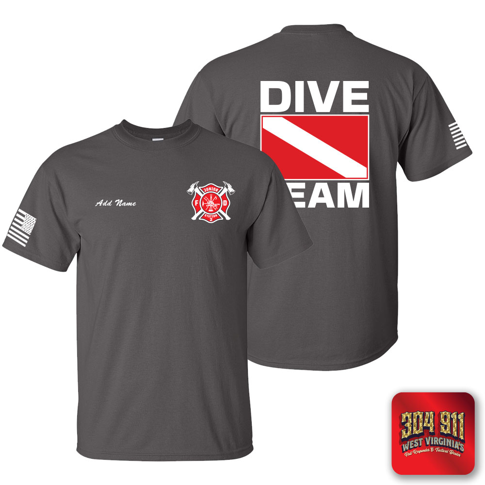 "JUNIOR VOLUNTEER FIRE DEPARTMENT" CHARCOAL SCREEN PRINTED DIVE TEAM T-SHIRT