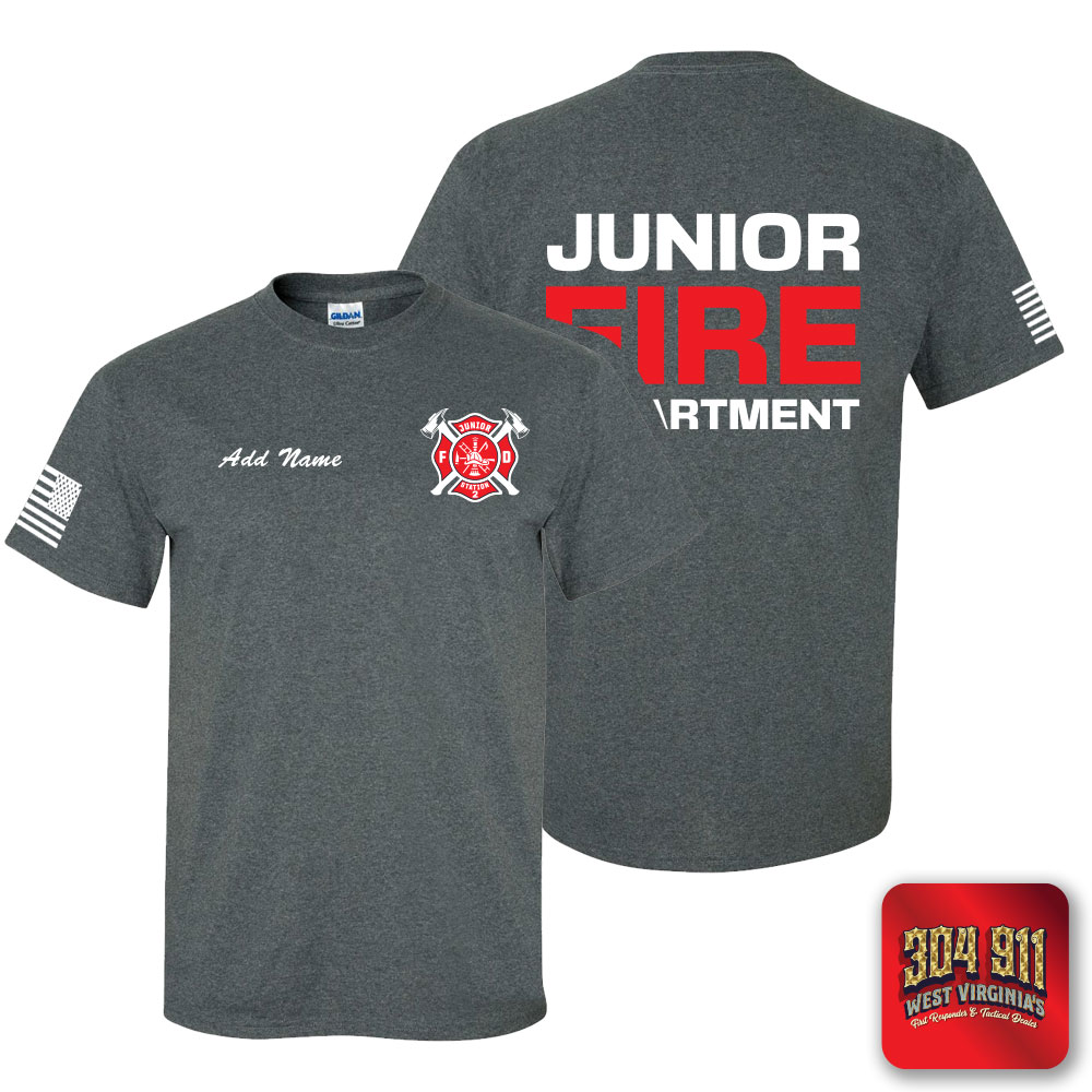 "JUNIOR VOLUNTEER FIRE DEPARTMENT" DARK HEATHER SCREEN PRINTED WORK T-SHIRT