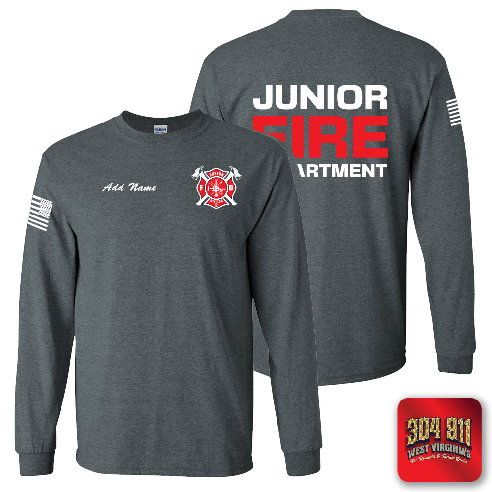 "JUNIOR VOLUNTEER FIRE DEPARTMENT" DARK HEATHER SCREEN PRINTED LONG SLEEVE WORK T-SHIRT