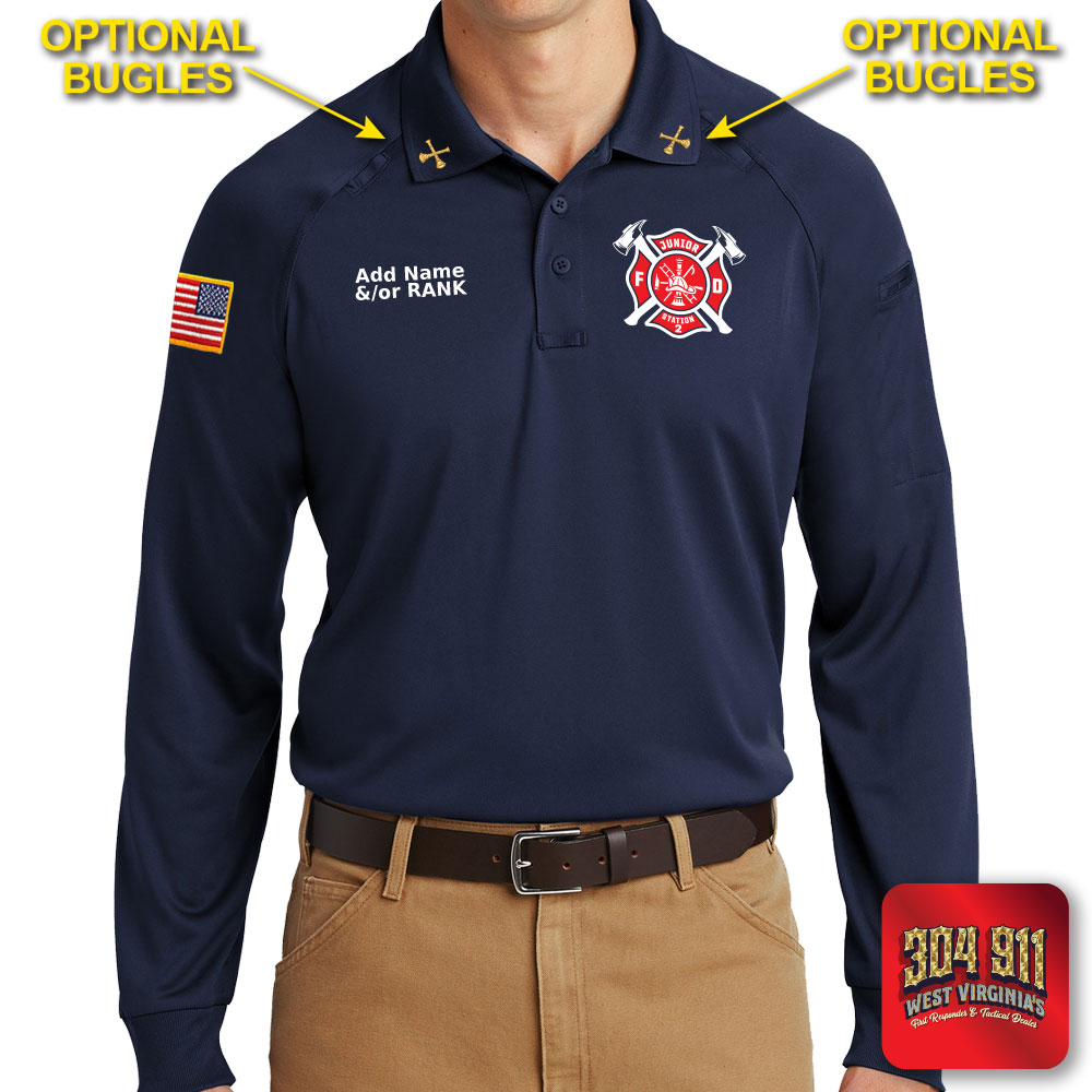 "JUNIOR VOLUNTEER FIRE DEPARTMENT" (EMBROIDERY) CornerStone® - Select Long Sleeve Snag-Proof Tactical Polo (NAVY)