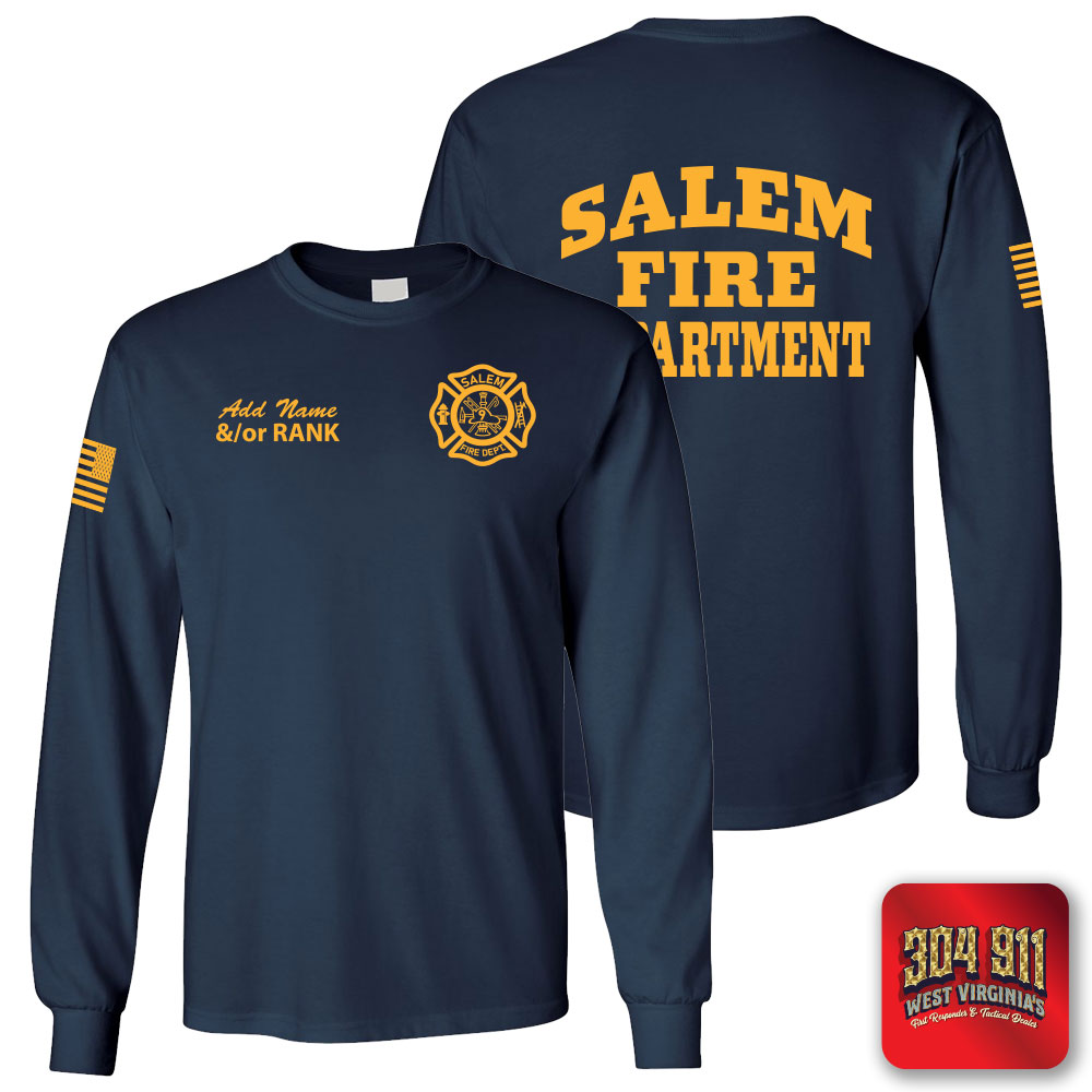 "SALEM FIRE DEPARTMENT" SCREEN PRINT ON NAVY SCREEN PRINTED LONG SLEEVE WORK T-SHIRT