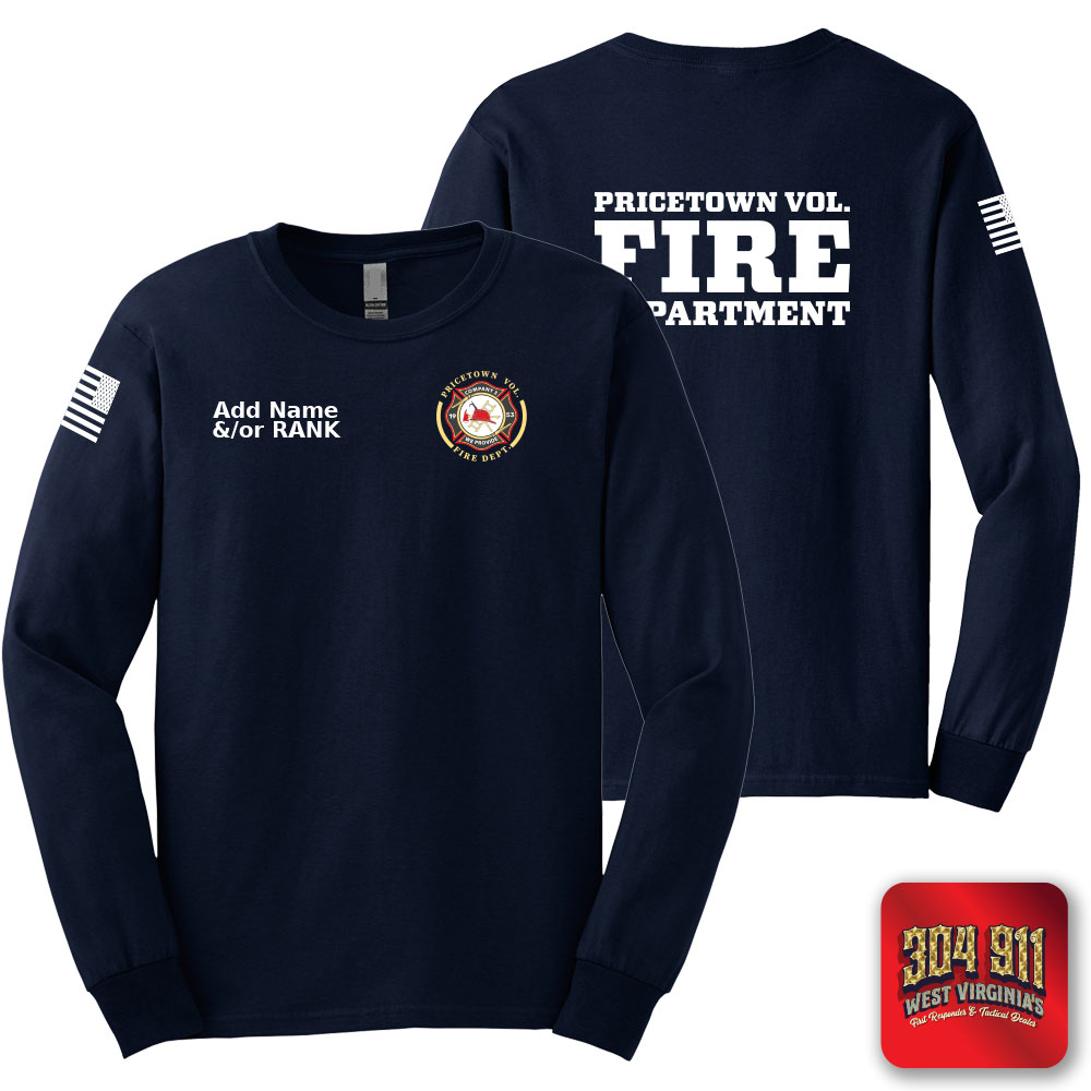 "PRICETOWN VOLUNTEER FIRE DEPARTMENT" SCREEN PRINT ON NAVY SCREEN PRINTED LONG SLEEVE WORK T-SHIRT