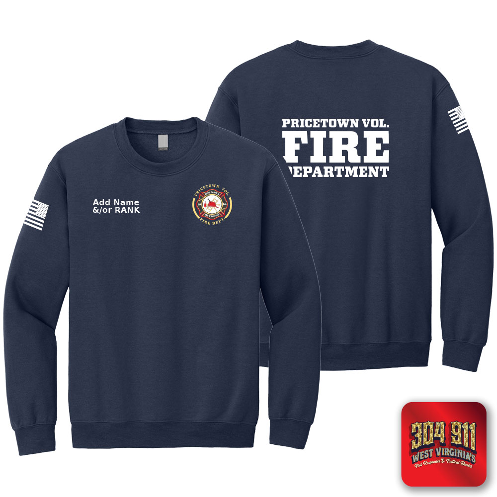 "PRICETOWN VOLUNTEER FIRE DEPARTMENT" SCREEN PRINT ON NAVY JERZEES WORK SWEATSHIRT