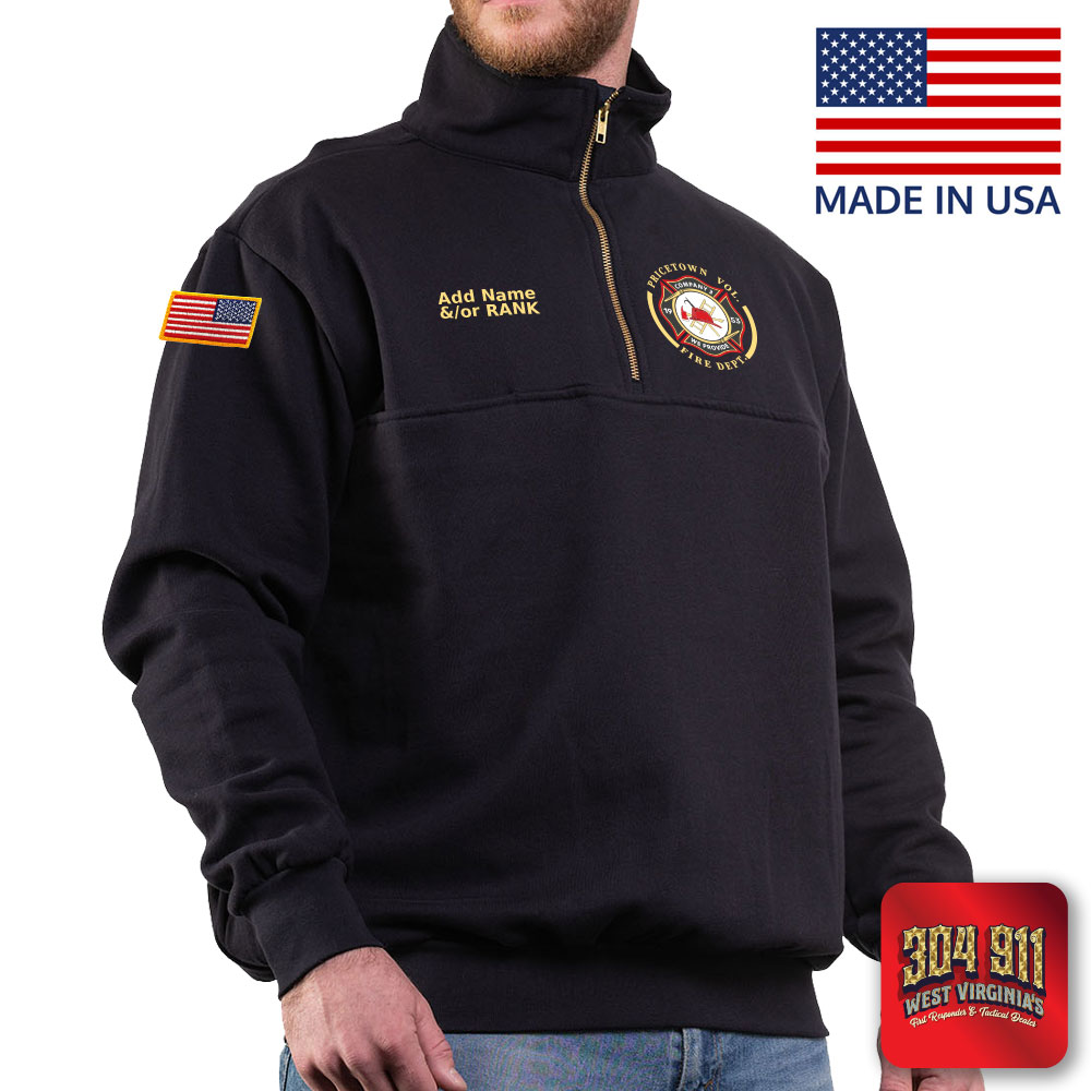"PRICETOWN VOLUNTEER FIRE DEPARTMENT" GAME - The Firefighter's Zip Turtleneck Job Shirt (NAVY) (USA MADE)