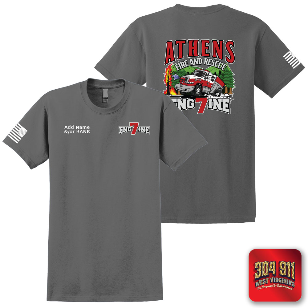 "ATHENS FIRE DEPARTMENT - ENGINE-7" CHARCOAL SCREEN PRINTED WORK T-SHIRT