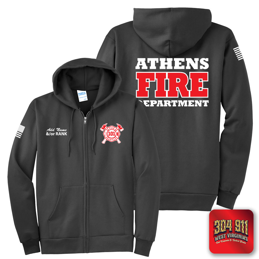 "ATHENS FIRE DEPARTMENT" SCREEN PRINT ON CHARCOAL Port & Company® Essential Fleece Full-Zip Hooded Sweatshirt