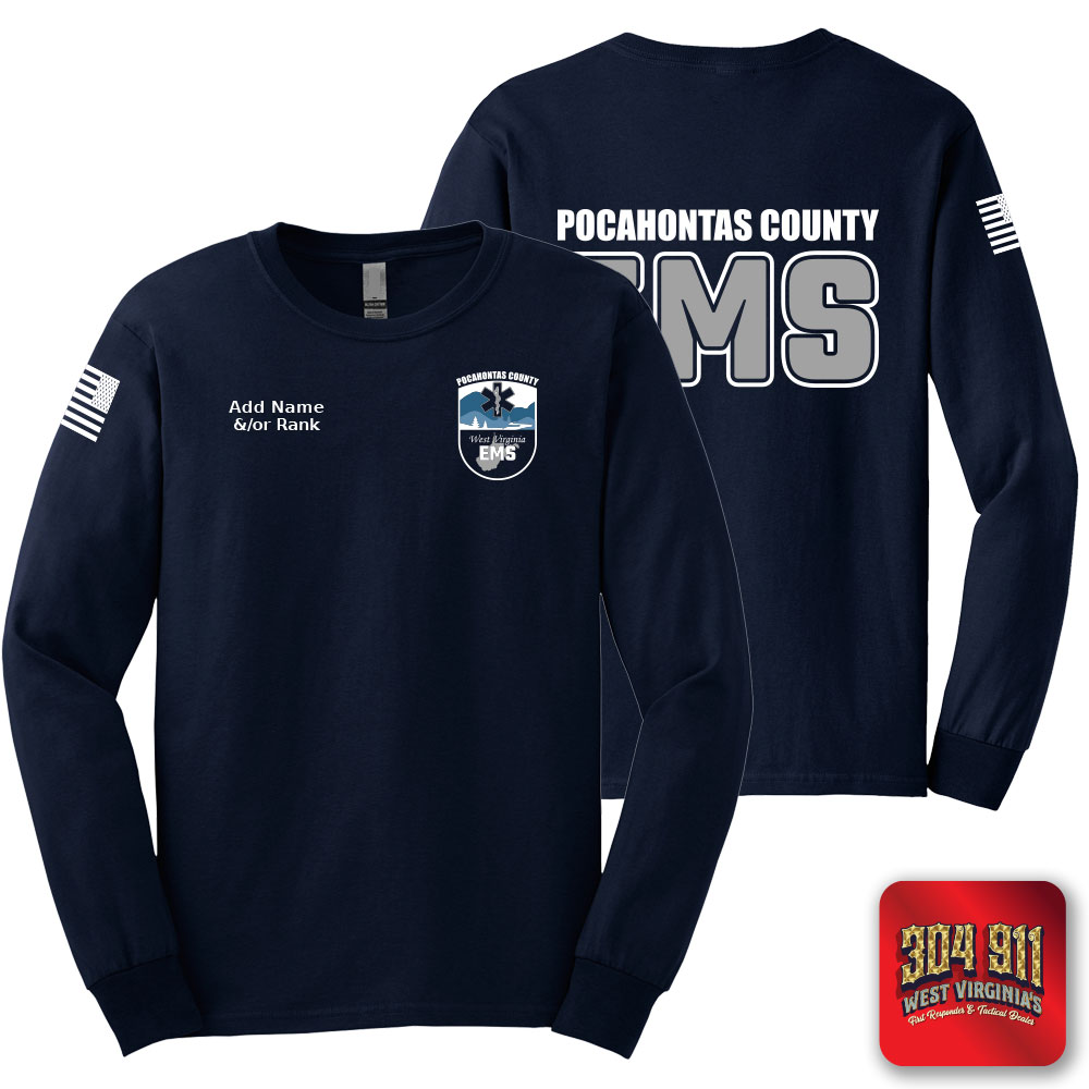 "POCAHONTAS COUNTY EMS" SCREEN PRINT ON NAVY SCREEN PRINTED LONG SLEEVE WORK T-SHIRT