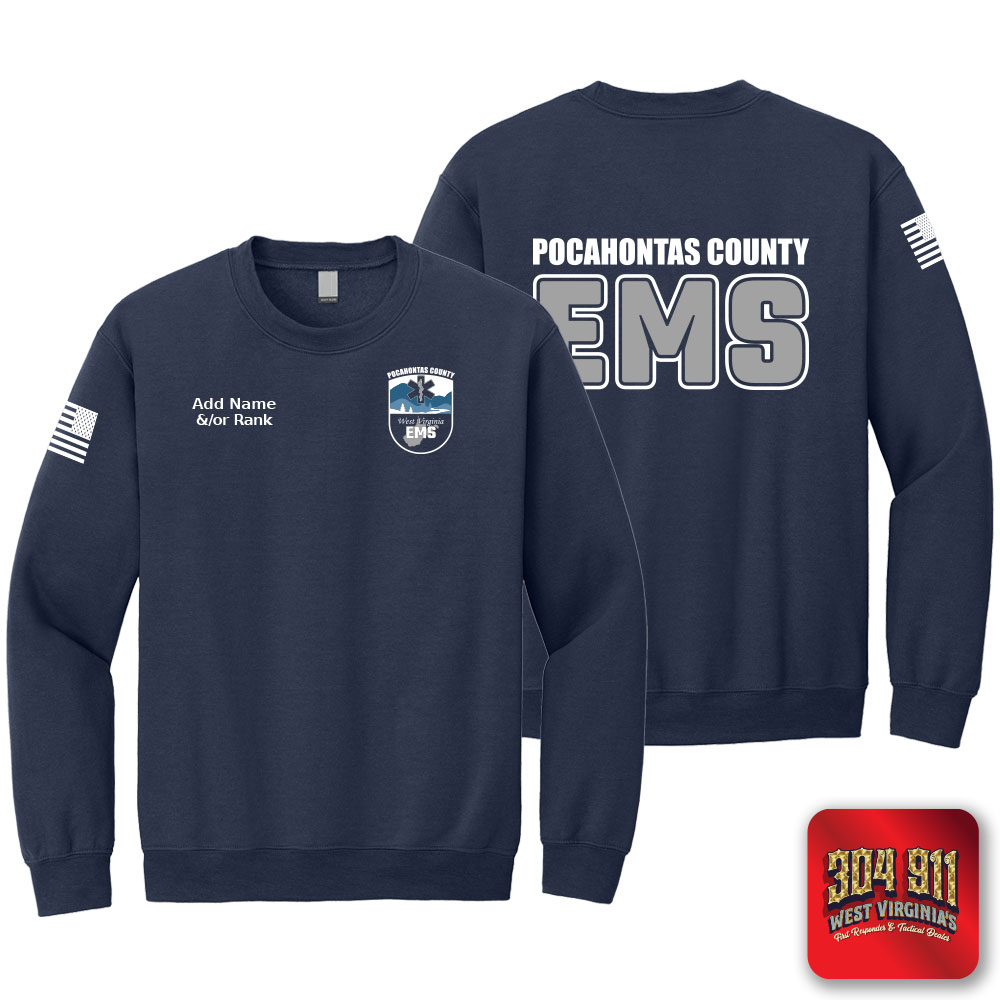 "POCAHONTAS COUNTY EMS" SCREEN PRINT ON NAVY JERZEES WORK SWEATSHIRT
