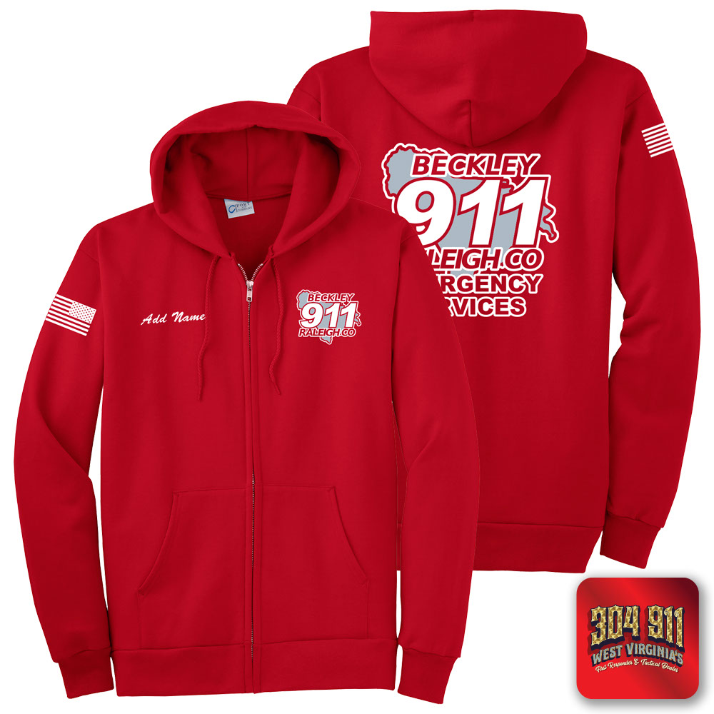 "BECKLEY-RALEIGH COUNTY EMERGENCY SERVICES" RED Port & Company® Essential Fleece Full-Zip Hooded Sweatshirt