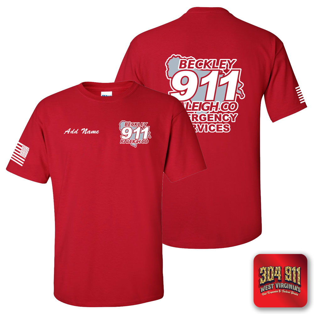 "BECKLEY-RALEIGH COUNTY EMERGENCY SERVICES" CHERRY RED SCREEN PRINTED BLUE WORK T-SHIRT
