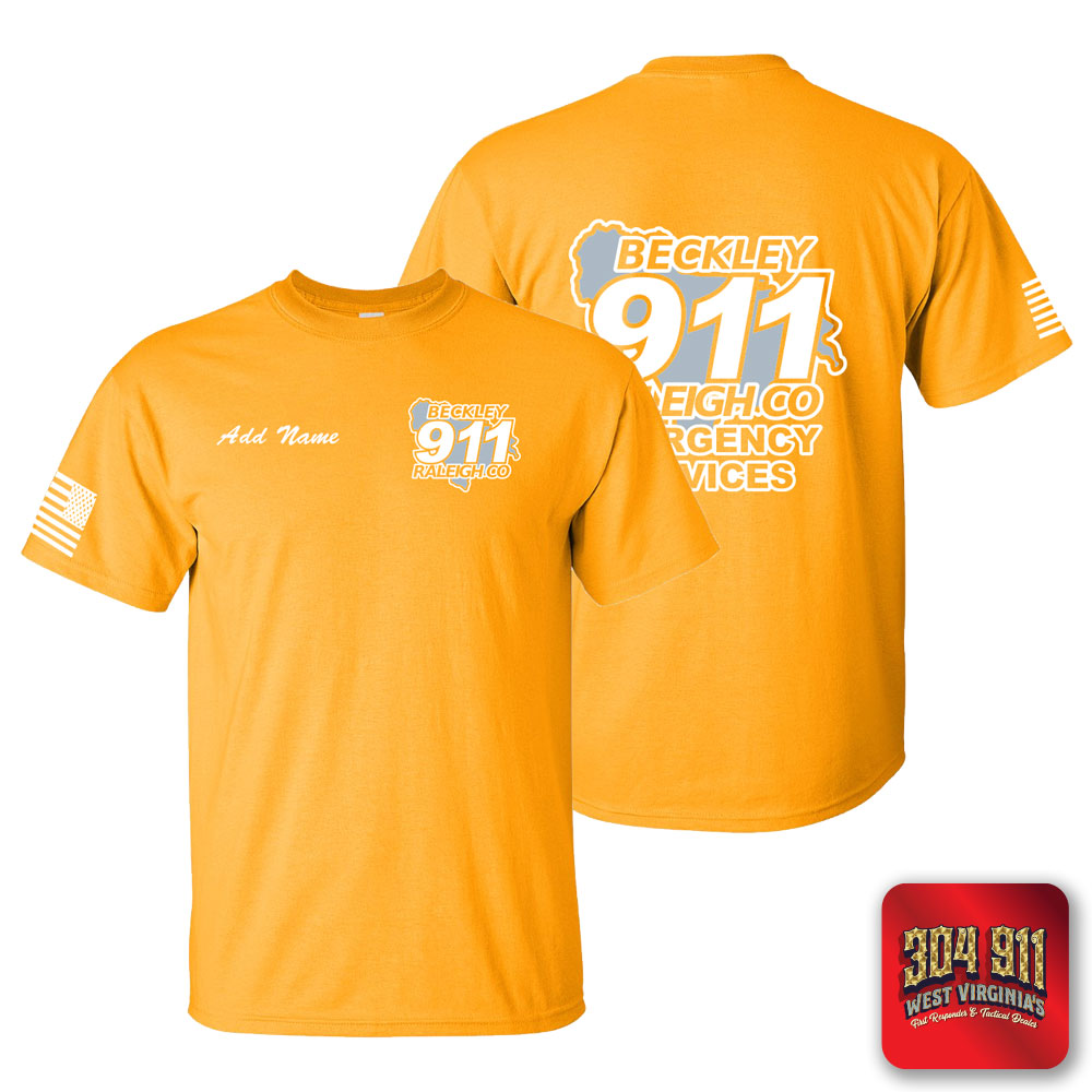"BECKLEY-RALEIGH COUNTY EMERGENCY SERVICES" GOLD SCREEN PRINTED WORK T-SHIRT